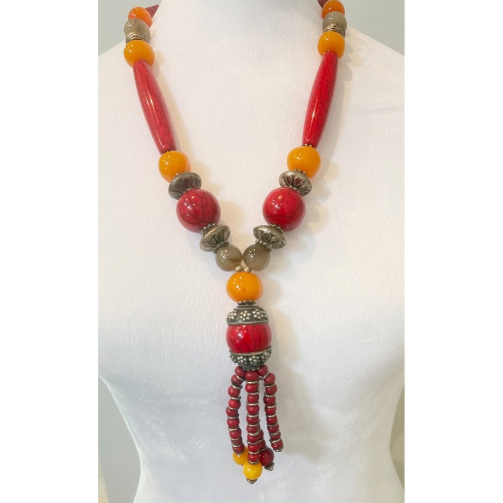 Red Orange Wood Acrylic Bead Tassel Necklace 26 Inch Boho Statement Necklace